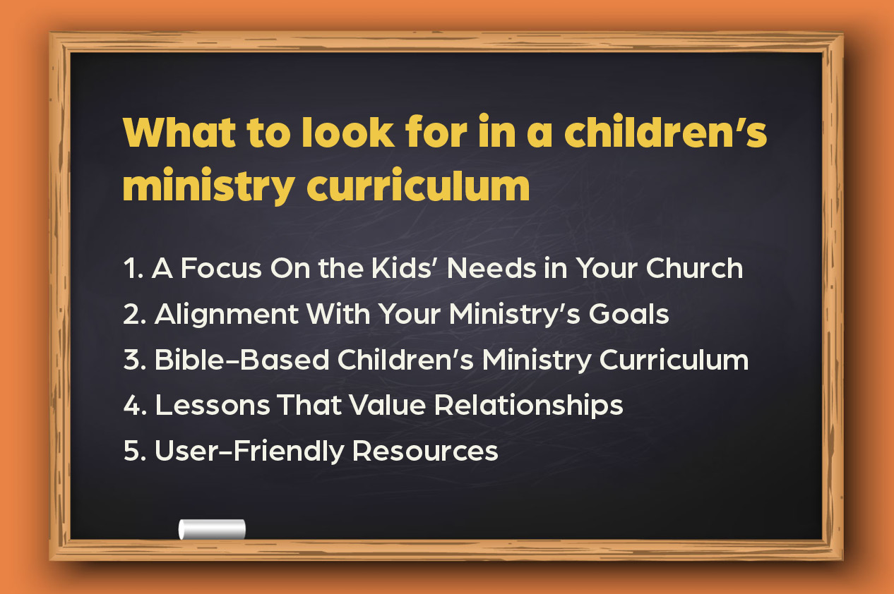 A list of elements to look for in children’s faith curriculum, which are detailed in the text below.